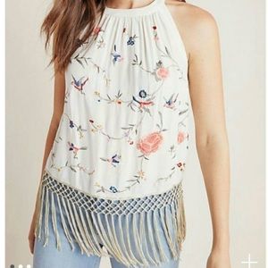 ANTHROPOLOGIE Gatsby fringe tank blouse embroidered top.